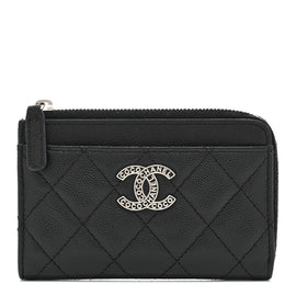 Caviar Quilted CC Logo Zip Around Card Holder Black