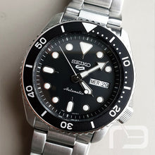 Load image into Gallery viewer, Seiko 5 Sports Automatic Day Date Black Dial Silver Steel Strap Watch for Men - SRPD55K1