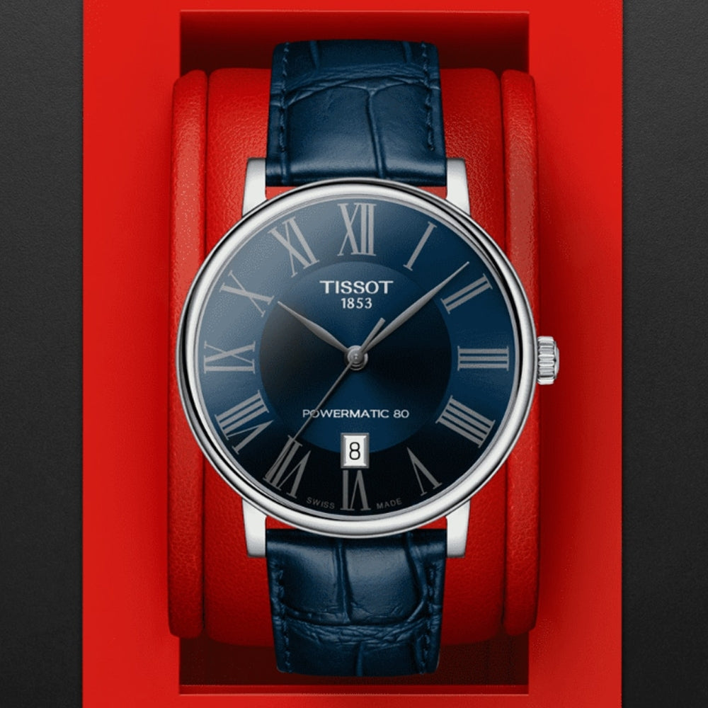 Tissot Carson Premium Powermatic 80 Blue Dial Blue Leather Strap Watch For Men - T122.407.16.043.00