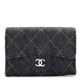 Denim Quilted Flap Card Holder Wallet Dark Blue Orange