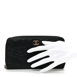 Lambskin Camellia Embossed Large Zip Around Gusset Wallet Black
