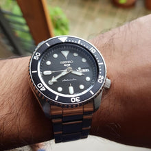 Load image into Gallery viewer, Seiko 5 Sports Automatic Day Date Black Dial Silver Steel Strap Watch for Men - SRPD55K1