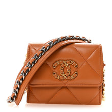 Load image into Gallery viewer, Lambskin Quilted Chanel 19 Flap Coin Purse With Chain Light Brown