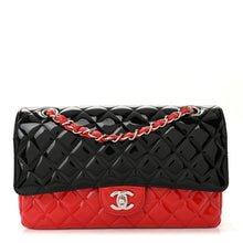 Load image into Gallery viewer, Patent Calfskin Quilted Bi-Color Medium Double Flap Black Red