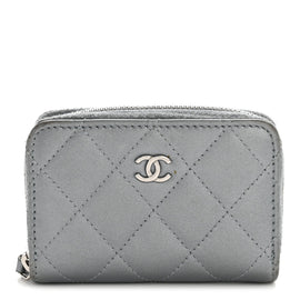 Metallic Lambskin Quilted Zip Around Coin Purse Wallet Silver