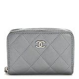 Metallic Lambskin Quilted Zip Around Coin Purse Wallet Silver