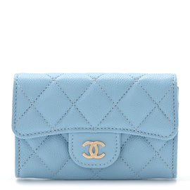 Caviar Quilted Flap Card Holder Wallet Light Blue