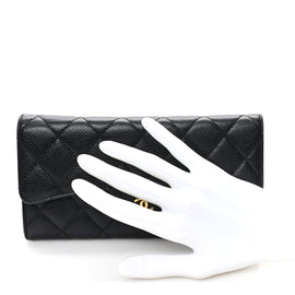 Caviar Quilted Large Gusset Flap Wallet Black