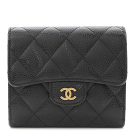Caviar Quilted Tri-Fold Flap Wallet Black