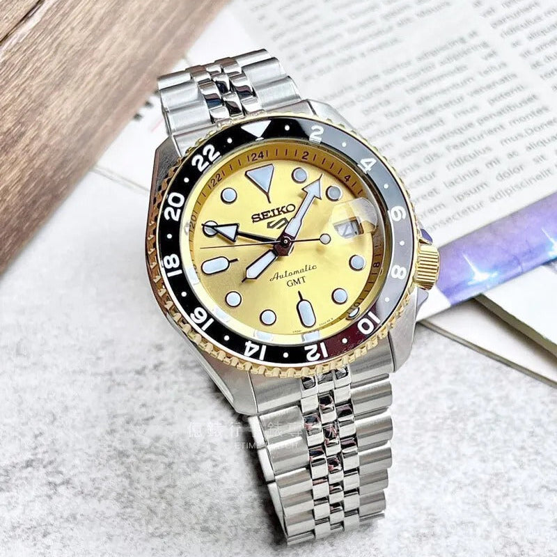 Seiko 5 Sports GMT Automatic 70th Anniversary Taiwan Limited Edition Gold Dial Silver Steel Strap Watch For Men - SSK044K1