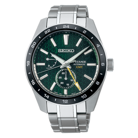 Seiko Presage Sharp Edged Series GMT Green Dial Silver Steel Strap Watch For Men - SPB219J1