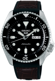 Seiko 5 Sports SKX Automatic Black Dial Black Leather Strap Watch for Men - SRPD55K2