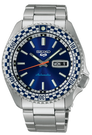 Seiko 5 Sports Petrol Blue Checker Flag Special Edition Blue Dial Silver Steel Strap Watch For Men - SRPK65K1