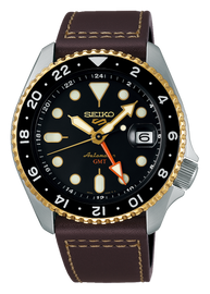 Seiko 5 Sports SKX GMT Automatic Mocha Black Dial Brown Leather Strap Watch For Men - SSK036K1