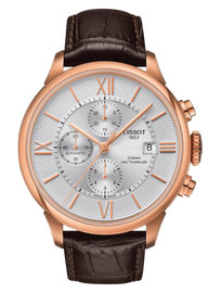 Tissot Des Tourelles Chronograph Silver Dial Brown Leather Strap Watch For Men - T099.427.36.038.00