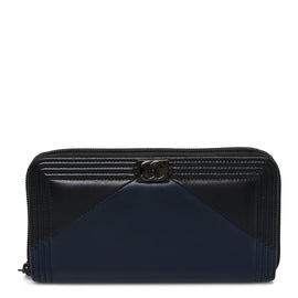 Calfskin Large Bi-Color Zip Around Boy Wallet Black Navy