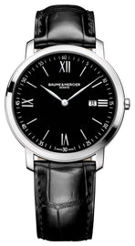 Baume & Mercier Classima Stainless Steel Black Dial Black Leather Strap Date Quartz Mens Watch MOA10098