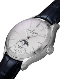 Baume & Mercier Clifton Baumatic Automatic Stainless Steel White Dial Blue Leather Moonphase Date Mens Watch M0A10549
