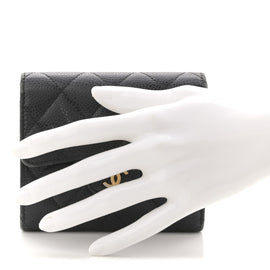 Caviar Quilted Tri-Fold Flap Wallet Black