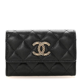 Caviar Metal Perforated Quilted CC Flap Card Holder Black