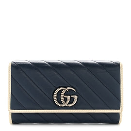 Vintage Effect Calfskin Matelasse Diagonal Torchon GG Marmont Continental Wallet Blue Agata Mystic White