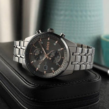 Load image into Gallery viewer, Hugo Boss Skytraveller Chronograph Gunmetal Grey Dial Grey Steel Strap Watch for Men - 1514153