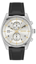 Load image into Gallery viewer, Hugo Boss Skytraveller Chronograph Silver Dial Black Leather Strap Watch for Men - 1514147