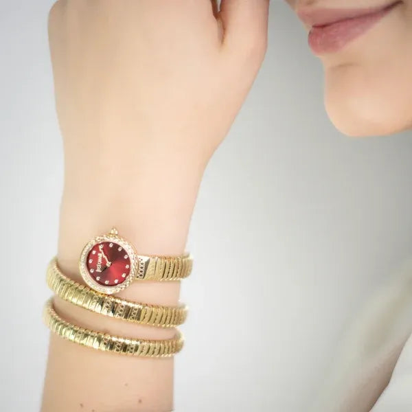 Just Cavalli Enchanting Red Dial Gold Steel Strap Watch for Women - JC1L302M0035