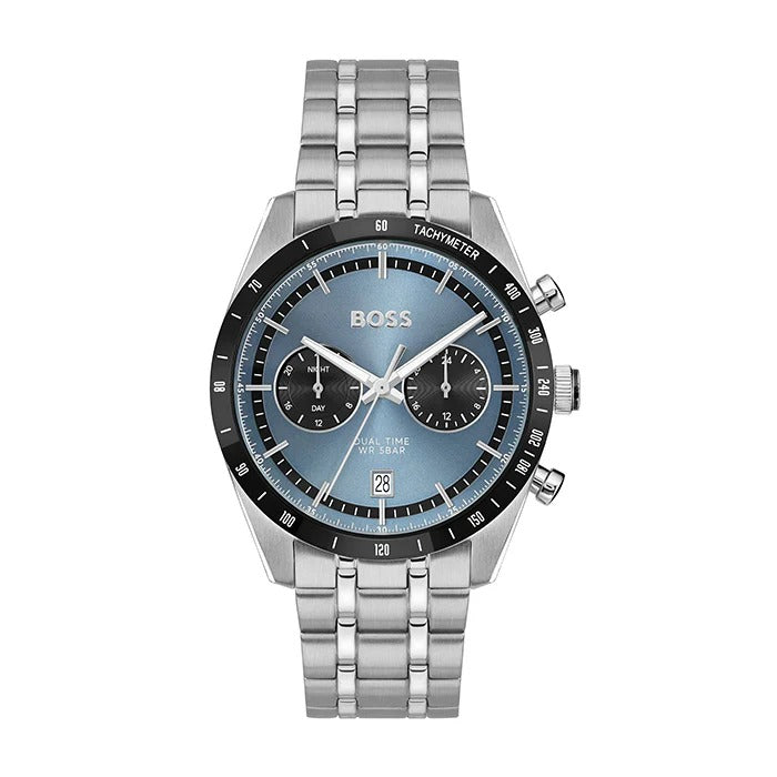 Hugo Boss Tourmaster Chronograph Blue Dial Silver Steel Strap Watch for Men - 1514286