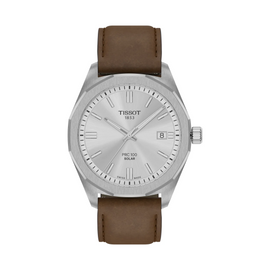 Tissot PRC 100 Solar Quartz Silver Dial Brown Leather Strap Watch for Men - T151.422.16.031.00