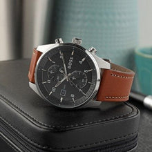 Load image into Gallery viewer, Hugo Boss Skytraveller Chronograph Black Dial Blue Leather Strap Watch for Men - 1514161