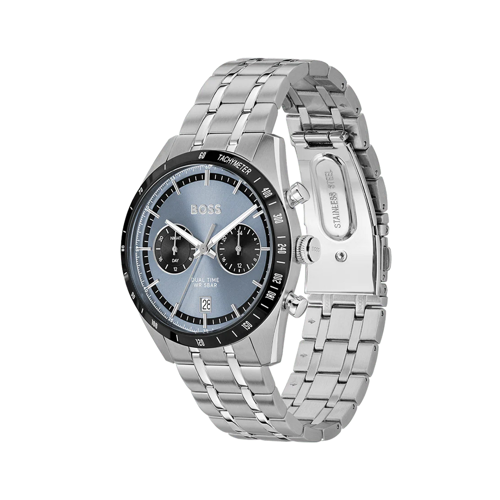 Hugo Boss Tourmaster Chronograph Blue Dial Silver Steel Strap Watch for Men - 1514286