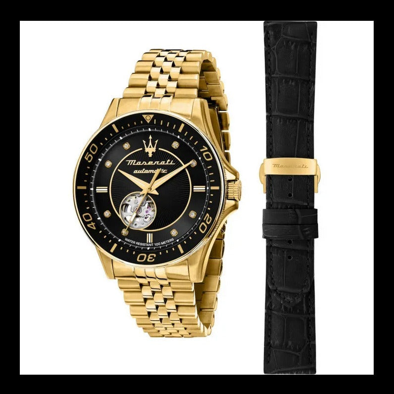 Maserati SFIDA Special Edition Automatic Black Dial Gold Steel Strap Watch for Men - R8823140012