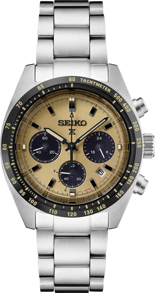 Seiko Prospex Speedtimer Solar Chronograph Gold Dial Silver Steel Strap Watch for Men - SSC817