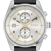 Load image into Gallery viewer, Hugo Boss Skytraveller Chronograph Silver Dial Black Leather Strap Watch for Men - 1514147