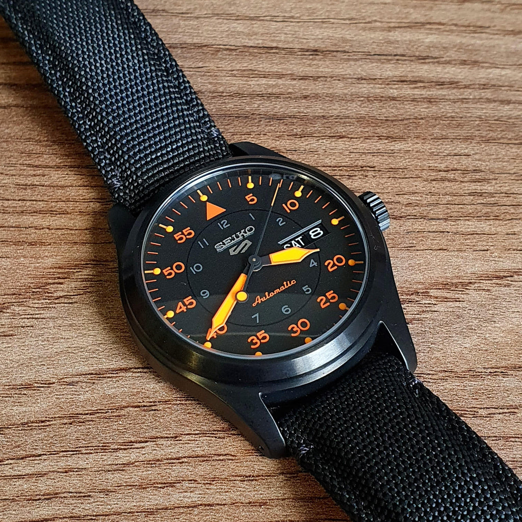 Seiko 5 Sports Flieger Pilot Automatic Black Dial Black Nylon Strap Watch for Men - SRPH33K1