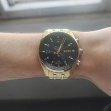 Load image into Gallery viewer, Hugo Boss Skytraveller Chronograph Black Dial Gold Steel Strap Watch for Men - 1514152