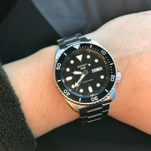 Load image into Gallery viewer, Seiko 5 Sports Automatic Day Date Black Dial Silver Steel Strap Watch for Men - SRPD55K1