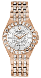 Bulova Phantom White Dial with Swarovski Baguettes Rose Gold Steel Strap Watch for Women - 98L268