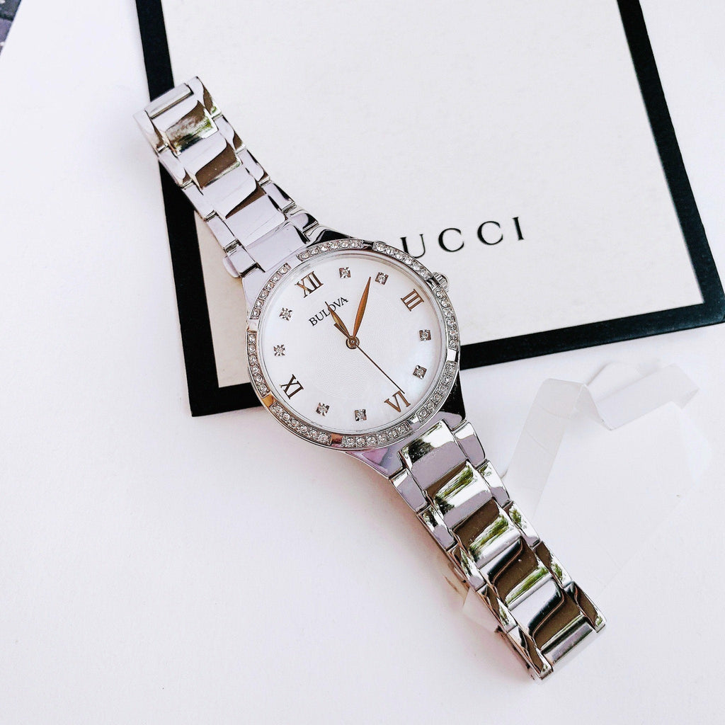 Bulova Crystal Collection Mother of Pearl Dial Silver Steel Strap Watch for Women - 96L263